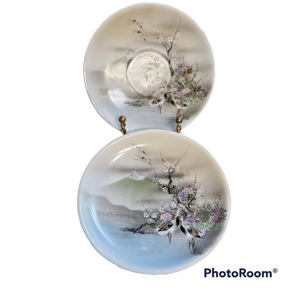𝅺vintage Japanese Saucer Set Hand Painted Birds Cherry Blossom Moriage - Picture 1 of 8